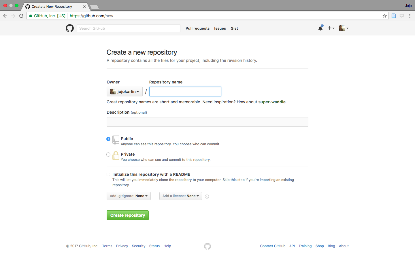 Screen on GitHub where you enter your repository information