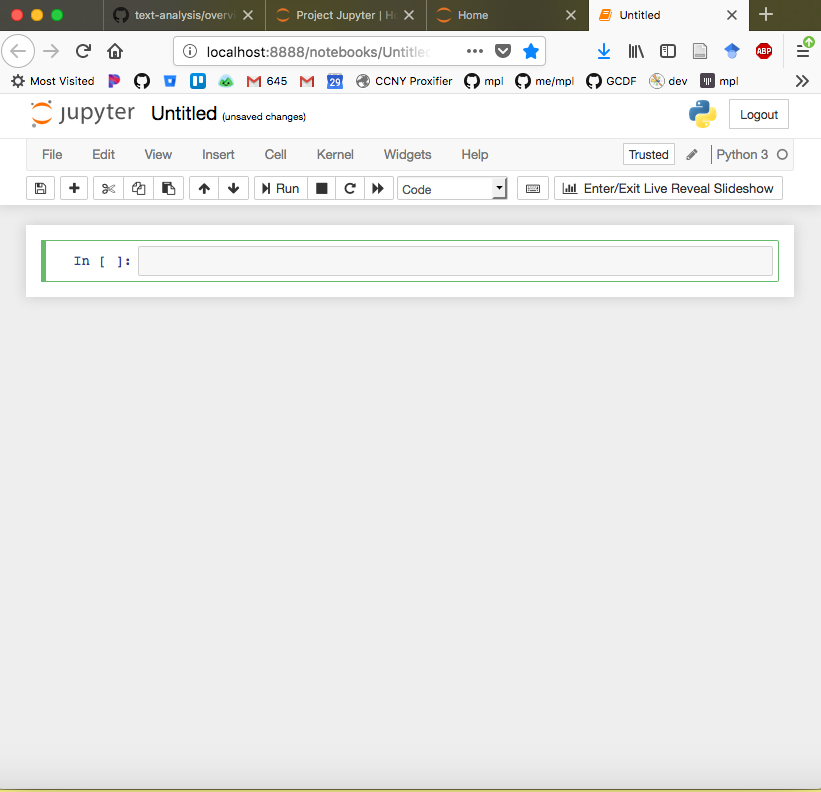 empty jupyter notebook with menubar across the top: file, edit, view, insert, cell, kernel, widgets, help. Below the menu is an empty code block
