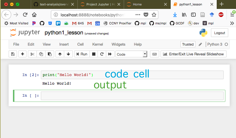 Annotated screenshot where the code and output cells are labeled. New cell underneath highlighted in green.