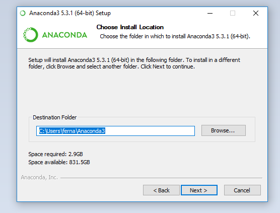 text box with path for default Anaconda install and browse button 