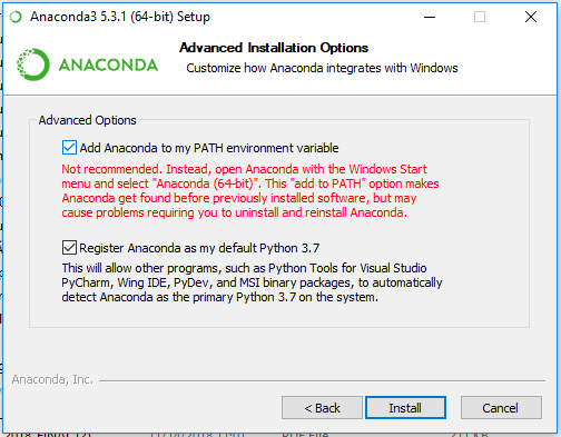 advanced installation options window. Has two check boxes: Add anaconda to PATH environment variables, and `Register Anaconda as my default Python`