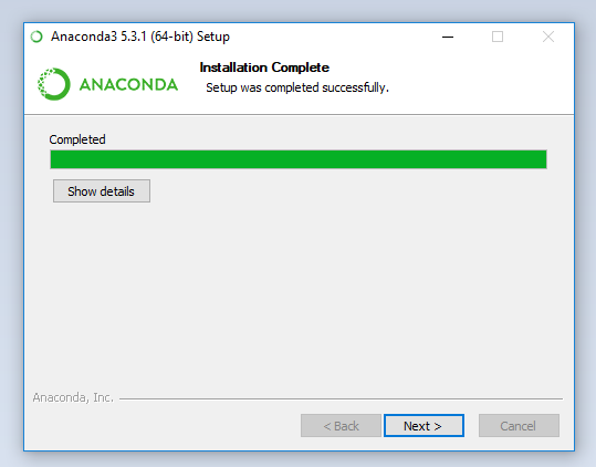 Full progress bar and printed output listing location of Anaconda files