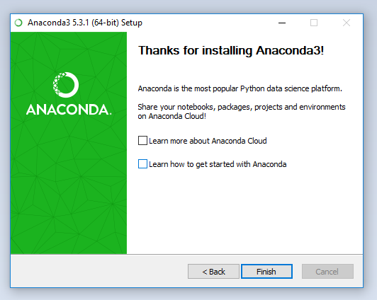 final installation window for anaconda, has two check boxes: learn more and learn how to get started