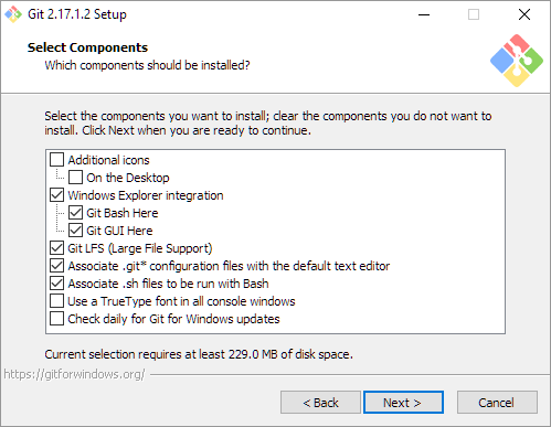 list of check boxes showing install options: additional icons, on the desktop, Windows Explorer integration, Git Bash, Git GUI, Git LFS, Associate *.git configuration files with the default text editor, associate .sh files to be run with bash,  use a true type font in all console windows, check daily for git for windows, check daily for git console updates