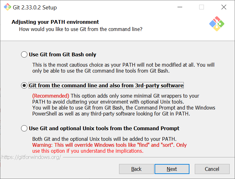 three radio buttons: use git from git bash, use git from command line, use git and optional unix tools from the command prompt