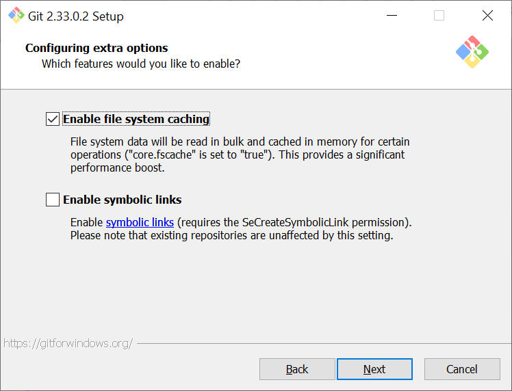 check boxes: 1) enable file system caching, 2) enable symbolic links