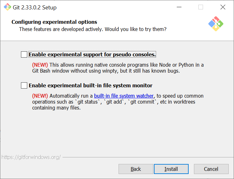 check boxes: 1) enable experimental support for pseudo consoles, 2) enable experimental built-in file system monitor