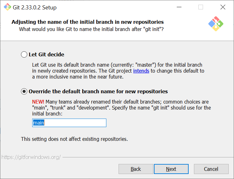 two radio buttons: let git decide and 'override the default branch name for new repositories'