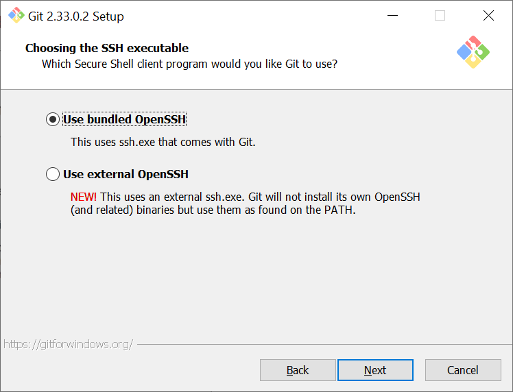 list of radio button options: 1) use bundled OpenSSL, 2) use external SSH