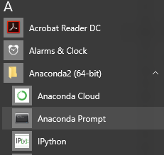 windows start menu folder structure for anaconda. Anaconda -> *Anaconda Cloud, *Anaconda Prompt, *IPython, ...