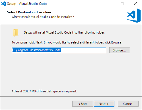 installation folder selection window with a browse button to enable you to search for an installation folder