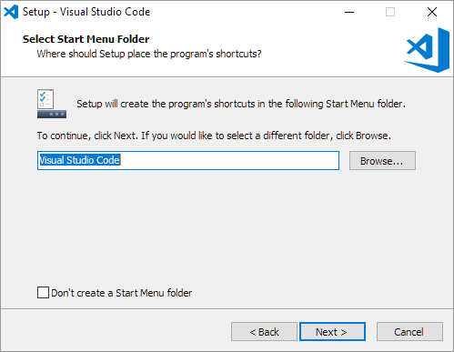 select start menu folder installation window, with a browse button to enable you to search for a folder on the start menu to 