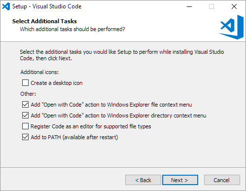 Select additional tools menu of check boxes. The options are (top to bottom): i. Create a desktop icon, ii. Add `Open With Code` action to Windows Explorer file context menu, iii. Add `Open With Code` action to Windows Explorer directory context menu, iv. Register code as an editor for supported file types, v. Add to Path (available after restart)