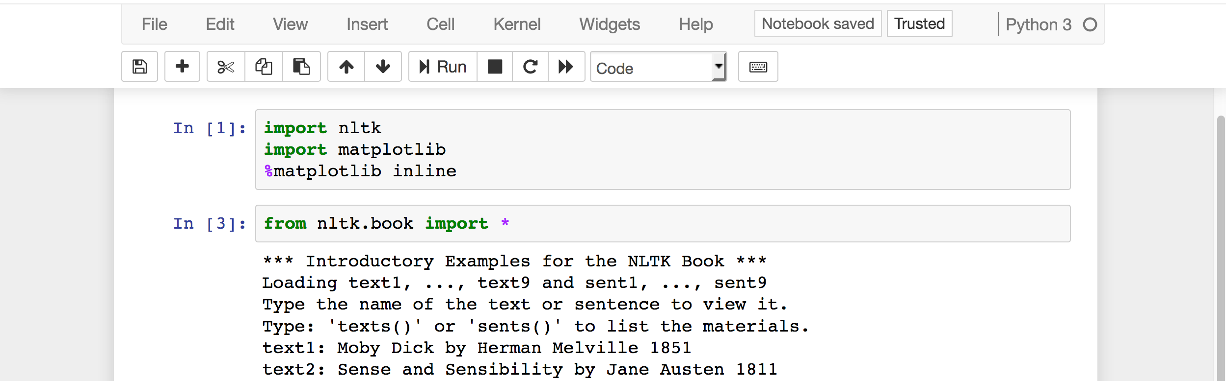 Image showing a second cell with the "from nltk.book import *" line and another line defining some text data